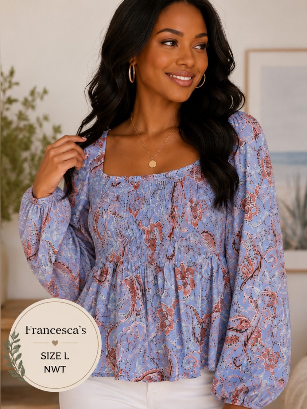 Francesca's NWT Light Blue Paisley Smocked Peasant Blouse | Size L | Boho Cott